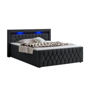 Pat cu somieră Leona - Catifea | Juskys | 180 cm | Negru | Cadru de pat cu saltea cu arcuri, topper și iluminare LED