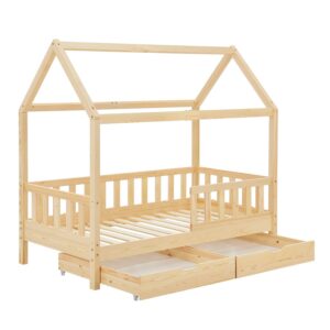 Pat pentru copii Marli 90 x 200 cm cu ladă de depozitare | Juskys | Natural | 90 x 200 cm | Pat tip casă cu acoperiș, somieră cu șipci, bară de siguranță și spațiu de depozitare