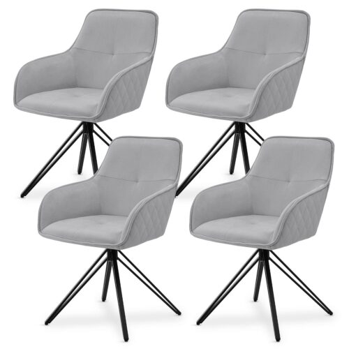 Scaun de sufragerie rotativ cu tapițerie din catifea Clyde | Juskys | Gri deschis | Set de 4 | Scaun de sufragerie cu cotiere disponibil ca set de 1, 2, 4 sau 6