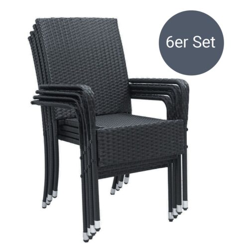 Scaune de grădină Yoro din poliratan | Juskys | Set de 6 | Negru | Scaune stivuibile, set de 2 cu cadru din oțel
