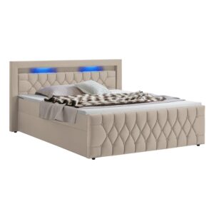 Pat cu somieră Leona - Catifea | Juskys | 180 cm | Bej | Cadru de pat cu saltea cu arcuri, topper și iluminare LED