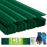 Table trapezoidale din oțel pentru acoperiș | Juskys | Verde | Set de 14 | Set de table profilate, inclusiv mănuși și accesorii de montare