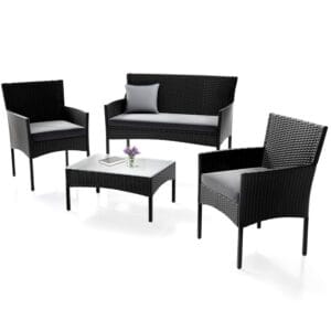 Grup de șezuturi din poliratan Fort Myers | Juskys | Negru, Gri | Set de mobilier de grădină cu 4 piese, cu aspect mediteranean