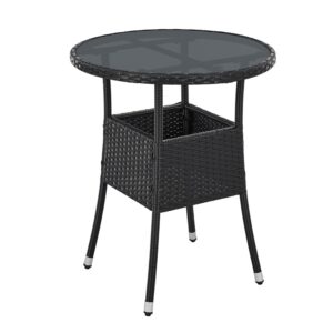 Masă rotundă de grădină din poliratan Yoro | Juskys | Neagră | Ø 60 cm | Masă rezistentă la intemperii cu blat de sticlă