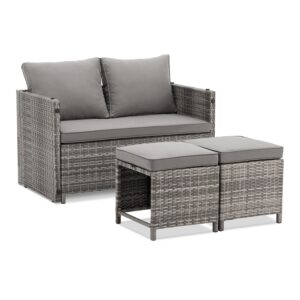Mobilier de grădină 2 în 1 din poliratan Jamaica | Juskys | Gri | Set de canapele pentru balcoane mici, fabricat din poliratan durabil
