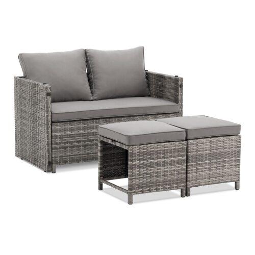 Mobilier de grădină 2 în 1 din poliratan Jamaica | Juskys | Gri | Set de canapele pentru balcoane mici, fabricat din poliratan durabil