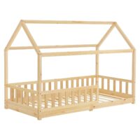 Pat pentru copii Marli 90 x 200 cm | Juskys | Natural | 90 x 200 cm | Pat tip casă cu protecție împotriva căderii, somieră cu șipci și acoperiș