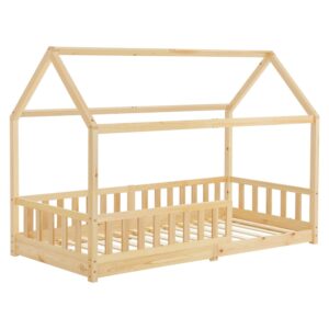 Pat pentru copii Marli 90 x 200 cm | Juskys | Natural | 90 x 200 cm | Pat tip casă cu protecție împotriva căderii, somieră cu șipci și acoperiș