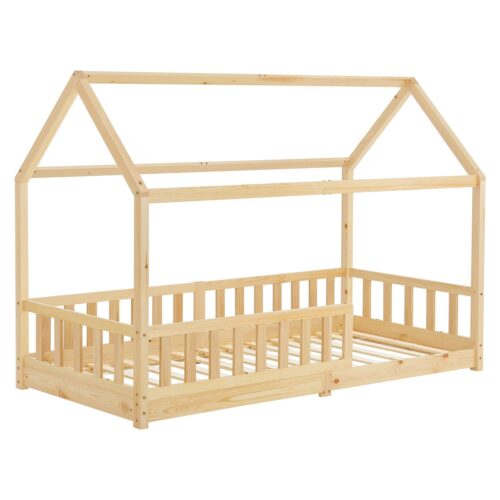 Pat pentru copii Marli 90 x 200 cm | Juskys | Natural | 90 x 200 cm | Pat tip casă cu protecție împotriva căderii, somieră cu șipci și acoperiș