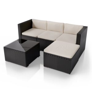 Set canapea Punta Cana din poliratan | Juskys | Negru, Crem | M | Set de scaune pentru exterior pentru până la 4 persoane, material rezistent