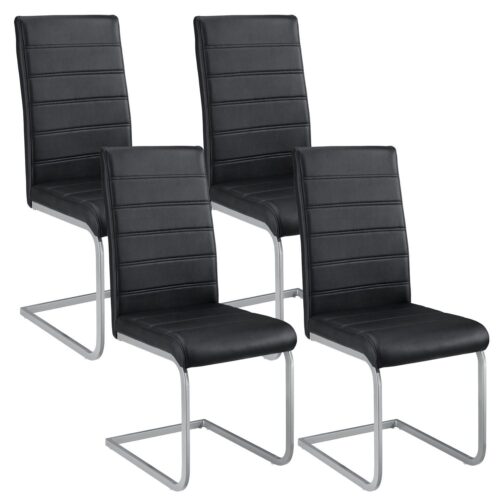 Scaun cantilever Vegas cu piele ecologică | Juskys | Negru | Set de 4 | Scaun de sufragerie modern cu cadru metalic și tapițerie din piele ecologică