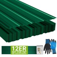 Table trapezoidale din oțel pentru acoperiș | Juskys | Verde | Set de 12 | Set de table profilate, inclusiv mănuși și accesorii de montare