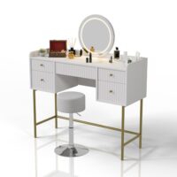 Masă de toaletă Samira cu oglindă | Juskys | cu scaun Tonia | Masă de toaletă luxoasă cu iluminare LED tactilă și cinci sertare