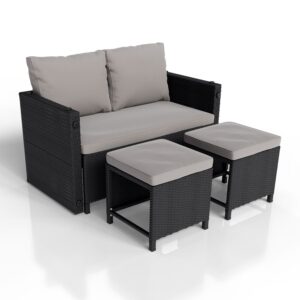 Mobilier de grădină Jamaica 2 în 1 din poliratan | Juskys | Negru | Set de canapele pentru balcoane mici, fabricat din poliratan durabil