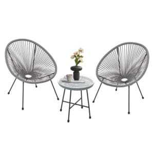 Set mobilier de balcon Ostana, 3 piese | Juskys | Gri deschis | Grup de ședere cu design retro, care economisește spațiu, cu masă și 2 fotolii