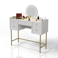 Masă de toaletă Samira cu oglindă | Juskys | cu scaun Melly | Masă de toaletă luxoasă cu iluminare LED tactilă și cinci sertare