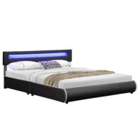 Pat tapițat Sevilla | Juskys | Negru | 180 x 200 cm | Cadru de pat cu iluminare LED și somieră cu lamele