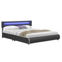 Pat tapițat Sevilla | Juskys | Gri închis | 180 x 200 cm | Cadru de pat cu iluminare LED și somieră cu lamele