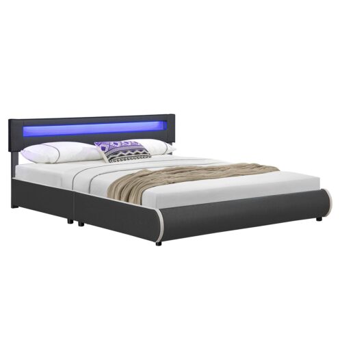 Pat tapițat Sevilla | Juskys | Gri închis | 180 x 200 cm | Cadru de pat cu iluminare LED și somieră cu lamele