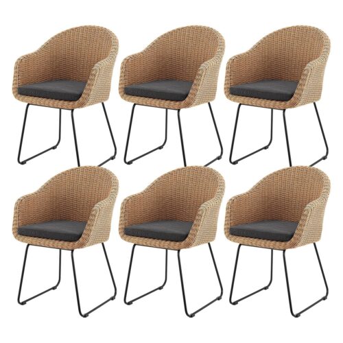 Scaune Cody din răchită | Juskys | Set de 6 | Scaune elegante și confortabile cu perne - Scaune din răchită cu finisaj natural
