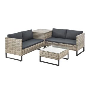 Mobilier de grădină Santorini pentru 4 persoane | Juskys | Gri | Salon modular tapițat din poliratan, inclusiv cutie pentru perne
