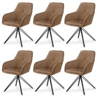 Scaun de sufragerie rotativ cu tapițerie din catifea, Clyde | Juskys | Maro deschis | Set de 6 | Scaun de sufragerie cu cotiere disponibil ca set de 1, 2, 4 sau 6