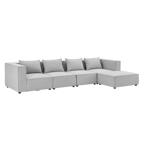Canapea modulară Domas XL - 4 locuri | Juskys | Gri deschis | Material textil | Canapea modernă cu otoman, cotiere și perne