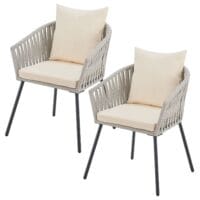 Set de 2 scaune din frânghie | Juskys | Gri deschis | Scaune de grădină cu împletitură de frânghie – Include perne pentru șezut și spătar