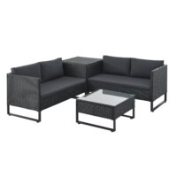 Mobilier de grădină Santorini pentru 4 persoane | Juskys | Gri | Salon modular tapițat din poliratan, inclusiv cutie pentru perne