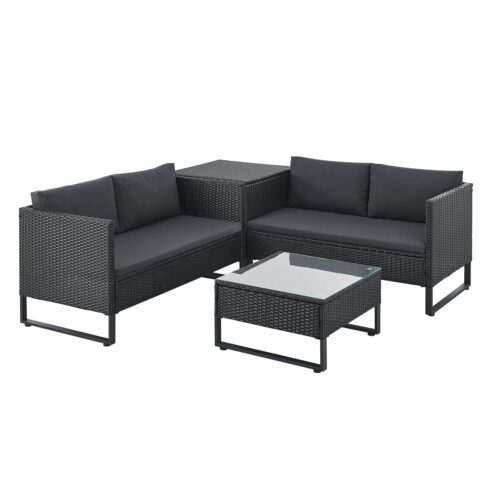 Mobilier de grădină Santorini pentru 4 persoane | Juskys | Gri | Salon modular tapițat din poliratan, inclusiv cutie pentru perne