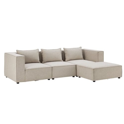 Canapea modulară Domas L - 3 locuri | Juskys | Bej | Material textil | Canapea modernă cu otoman, cotiere și perne