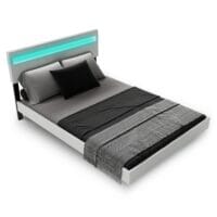 Pat plutitor Lisbon | Juskys | Alb | Pat plutitor elegant, tapițat, cu iluminare LED