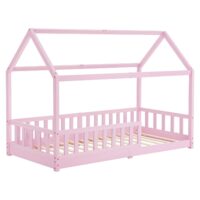 Pat pentru copii Marli 90 x 200 cm | Juskys | Roz | 90 x 200 cm | Pat tip casă cu protecție împotriva căderii, somieră cu șipci și acoperiș