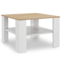 Masă de cafea 60 x 60 x 40 cm | Juskys | Albă, aspect lemn | Masă laterală compactă din lemn cu 2 rafturi