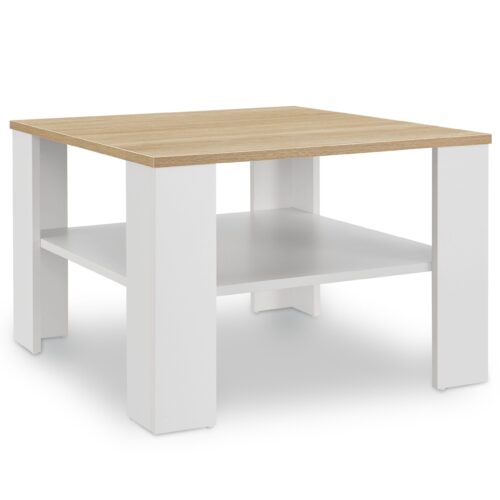 Masă de cafea 60 x 60 x 40 cm | Juskys | Albă, aspect lemn | Masă laterală compactă din lemn cu 2 rafturi