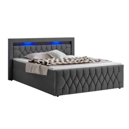 Pat cu somieră Leona - Catifea | Juskys | 180 cm | Gri | Cadru de pat cu saltea cu arcuri, saltea suplimentară și iluminare LED