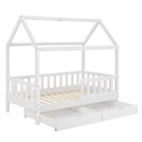 Pat pentru copii Marli 90 x 200 cm cu ladă de depozitare | Juskys | Natural | 90 x 200 cm | Pat tip casă cu acoperiș, somieră cu șipci, bară de siguranță și spațiu de depozitare