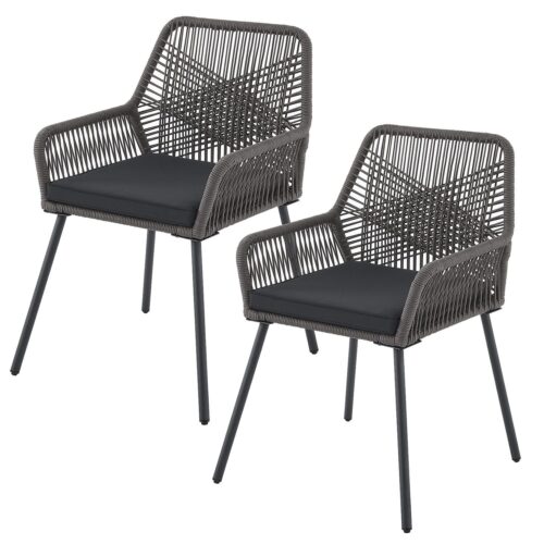 Scaune de grădină din frânghie Kastos | Juskys | Gri | Set de 2 | Scaune elegante cu răchită și perne