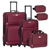 Set de bagaje tip troler Athens | Juskys | Bordeaux | Set de 5 piese cu 2 troleruri, geantă de umăr și 2 truse cosmetice