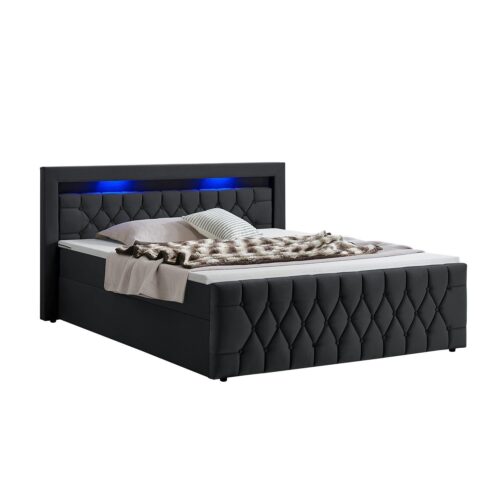 Pat cu somieră Leona - Catifea | Juskys | 140 cm | Negru | Cadru de pat cu saltea cu arcuri, topper și iluminare LED