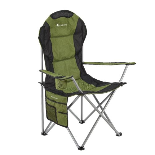 Scaun de camping Lido | Juskys | Verde | Scaun pliant căptușit cu suport pentru pahare și geantă