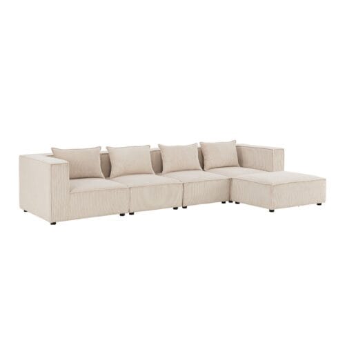 Canapea modulară Domas XL - 4 locuri | Juskys | Bej | Material textil | Canapea modernă cu otoman, cotiere și perne
