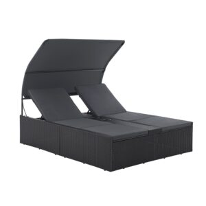 Șezlong dublu Syros din poliratan | Juskys | Negru | Șezlong de exterior pentru 2 persoane - cu parasolar și perne