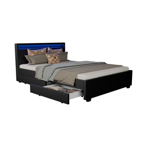 Pat tapițat Lyon | Juskys | Negru | 140 x 200 cm | Cadru de pat cu sertare de depozitare, iluminare LED și somieră cu lamele