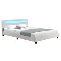 Pat tapițat Paris | Juskys | Alb | 160 x 200 cm | Cadru de pat cu iluminare LED și somieră cu lamele