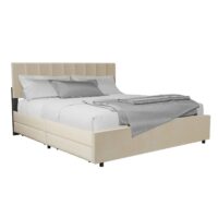 Pat tapițat cu catifea Soria | Juskys | Bej | 180 x 200 cm | Pat modern cu somieră și sertare
