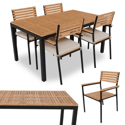 Set de mobilier de grădină din lemn de salcâm Rhodos | Juskys | 5 piese | Grup de șezuturi pentru grădină în design industrial, inclusiv perne