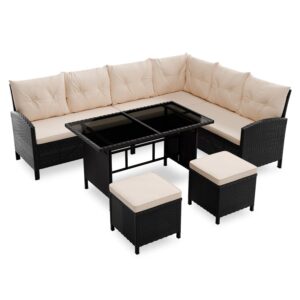 Sofă Manacor din ratan | Juskys | Negru, Crem | Set de mobilier de grădină din poliratan pentru 8 persoane, inclusiv perne