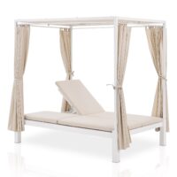 Pat extensibil dublu Crete | Juskys | Alb | Șezlong exterior pentru 2 persoane cu perdele, baldachin și spătar