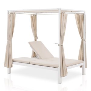 Pat extensibil dublu Crete | Juskys | Alb | Șezlong exterior pentru 2 persoane cu perdele, baldachin și spătar
